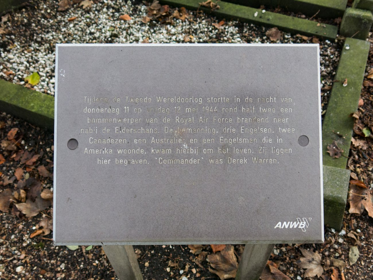 Plaque in Aardenburg General Cemetery, Zeeland, the Netherlands, recounting the fatal crash of a bomber aircraft of 75 Squadron RAF on the night of 11–12 May 1944.